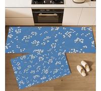 JEDTAKCT Tapis De Cuisine Lot De 2, Tapis De Fleurs Champêtres Plante Simple, Antidérapants Lavables, Passage Paillasson Porte Anti-Fatigue pour Cuisine Entrée, Bleu Et Blanc, 43X75+43X150Cm