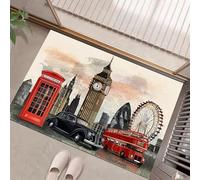 JEDTAKCT Tapis De Porte 60X90Cm, Big Ben Cabine Téléphonique Paillasson Interieur Antidérapant, Paillasson Entrée Lavable, Paysage Londonien Tapis D'Entrée Intérieur Absorbant Et Durable, Beige
