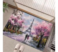 JEDTAKCT Tapis Entree Interieur 50X80Cm Tapis Peinture De Rue De Paris Bleu Poudre De Décoration Cuisine Lavable Descente De Lit Fleurs De Cerisier Poil Ras Antidérapant Paillassons pour Entrée