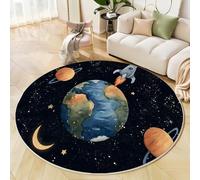 JEDTAKCT Tapis Noir 80 Cm, Tapis À Poils Courts Lavable Rond Antidérapant Doux Confortable, Fusée Terre Univers De Dessin Animé Moquette pour Salon Chambre Cuisine Et Chambre d'enfant