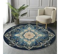 JEDTAKCT Tapis Rond Badge Fleur Aquarelle pour Salon, 160 Cm, Grand Tapis Plante Vintage, Bleu Cobalt, Lavable Confortable, Antidérapant Doux Facile À Nettoyer pour Chambre À Coucher De Chevet