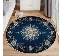JEDTAKCT Tapis Rond Badge Floral Élégant pour Salon, 200 Cm, Grand Tapis Botanique Moderne, Bleu Indigo, Lavable Confortable, Antidérapant Doux Facile À Nettoyer pour Chambre À Coucher De Chevet