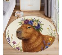 JEDTAKCT Tapis Rond Campagne Floral Capybara Lavable Tapis Animaux Naturels Poils Courts, Moquette Doux Et Antidérapant Diamètre Beige Marron Facile d'entretien, Paillasson 120 Cm pour Salon Chambre