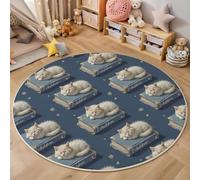 JEDTAKCT Tapis Rond Chat Mignon Livres 160 Cm, Lavable en Machine pour Salon, Ne Perd Pas Ses Poils, Antidérapant | Tapis Animaux Ciel Étoilé pour Chambre À Coucher Chambre d'enfant, Bleu Marine