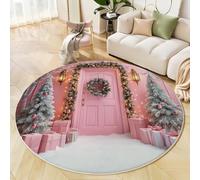 JEDTAKCT Tapis Rond Couronne De Noël, Tapis Antidérapant De Salon Salle À Manger Chambre Cuisine, Lavable Interieur Décoration Design Architecture Romantique, Rose Pastel Poil Court Doux 200 Cm