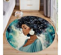 JEDTAKCT Tapis Rond De Beauté Africaine Rêveuse Tapis Portrait À L'Aquarelle Fin, Moquette Cyan Doux Antidérapant Lavable pour Chambre À Coucher Entrée Salle À Manger Dortoir Familial, 160 Cm