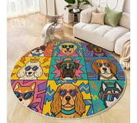 JEDTAKCT Tapis Rond De Chambre d'enfant 160 Cm - Patchwork Chien Amusant Cyan Jaune - Motif Animal Pop Art - Moelleux Et Antidérapant - Tapis De Salon À Poils Courts - Lavable - Moderne Doux