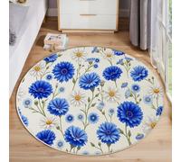 JEDTAKCT Tapis Rond De Marguerite Champêtre Tapis Plantes Simples Fin, Moquette Bleu Blanc Doux Antidérapant Lavable pour Chambre À Coucher Entrée Salle À Manger Dortoir Familial, 100 Cm