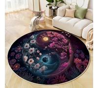 JEDTAKCT Tapis Rond De Pleine Lune Sakura Tapis Fantaisie Yin Yang Fin, Moquette Bleu Poudre Doux Antidérapant Lavable pour Chambre À Coucher Entrée Salle À Manger Dortoir Familial, 160 Cm