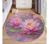 JEDTAKCT Tapis Rond Lavable en Machine Motif Lotus De Rêve 3D Décoration De Chambre pour Adultes Enfants, Paysage Zen Rose Blush Antidérapant Doux Poils Ras Tapis Rond De Salon, 100 Cm