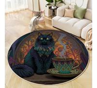 JEDTAKCT Tapis Rond Lavable en Machine Motif Mystérieux Chat Noir Décoration De Chambre pour Adultes Enfants, Esthétique Médiévale Deep Purple Antidérapant Doux Poils Ras Tapis Rond De Salon, 80 Cm