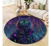 JEDTAKCT Tapis Rond Lavable en Machine Motif Punk Cat Décoration De Chambre pour Adultes Enfants, Cyber City Deep Purple Antidérapant Doux Poils Ras Tapis Rond De Salon, 100 Cm