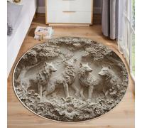 JEDTAKCT Tapis Rond Lavable en Machine Motif Relief 3D De Meute De Loups Décoration De Chambre pour Adultes Enfants, Animaux De La Forêt Crème Antidérapant Doux Poils Ras Tapis Rond De Salon, 100 Cm