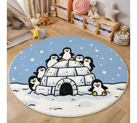 JEDTAKCT Tapis Rond Pingouins Mignons Igloo 180 Cm, Lavable en Machine pour Salon, Ne Perd Pas Ses Poils, Antidérapant | Tapis Animaux De Dessin Animé pour Chambre À Coucher Chambre d'enfant, Bleu