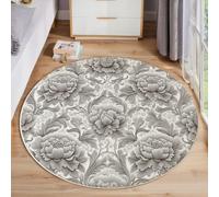 JEDTAKCT Tapis Rond Pivoine en Relief, Tapis Antidérapant De Salon Salle À Manger Chambre Cuisine, Lavable Interieur Décoration Design Fleurs Luxueuses, Gris Blanc Poil Court Doux 120 Cm
