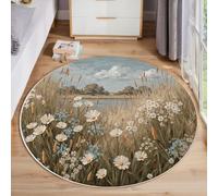 JEDTAKCT Tapis Rond Prairie De Fleurs Sauvages Lac Paysage Naturel - Moquette Lavable Poils Courts Doux Antidérapant pour Chambre À Coucher Salon Vestibule Entrée Chambre d'enfant, Brun 160 Cm