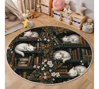 JEDTAKCT Tapis Rond Rétro Chat Bibliothèque Illustration Fantastique - Moquette Lavable Poils Courts Doux Antidérapant pour Chambre À Coucher Salon Vestibule Entrée Chambre d'enfant, Noir 160 Cm