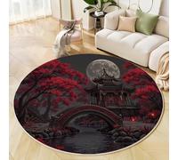 JEDTAKCT Tapis Rond Salon, Architecture De Style Oriental Érables La Nuit Imprimé Tapis De Sol Décoration Antidérapant pour Salon Chambre Cuisine Balcon Manger Intérieur Extérieur, Rouge Noir, 200 Cm