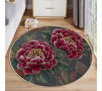 JEDTAKCT Tapis Rond Superbe Broderie De Pivoines pour Salon, 100 Cm, Grand Tapis Floral Chinois, Vert Foncé, Lavable Confortable, Antidérapant Doux Facile À Nettoyer pour Chambre À Coucher De Chevet