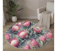 JEDTAKCT Tapis Rond100 Cm, Tapis Protéa Royale Réaliste Thème Végétal Lavable Machine pour Salon - Antidérapant Moquette Chaleureux Guérisseur pour Salle Manger Chambre Nurserie, Cyan Rouge