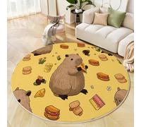 JEDTAKCT Tapis Salon Rond Poil Ras 80 Cm Capybara Mignon, Nourriture De Dessin Animé Doux Et Moelleux Tapi De Salon Lavable, Jaune Clair Tapis Rond Antidérapant pour Décoration De Chambre d'enfant