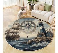 JEDTAKCT Tapis Salon Rond Poil Ras 80 Cm Tarot Nautique, Phare Vintage Doux Et Moelleux Tapi De Salon Lavable, Bleu Foncé Tapis Rond Antidérapant pour Décoration De Chambre d'enfant