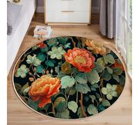 JEDTAKCT Tapis Vert Émeraude 60 Cm, Tapis À Poils Courts Lavable Rond Antidérapant Doux Confortable, Pivoine Luxueuse Plantes Orientales Moquette pour Salon Chambre Cuisine Et Chambre d'enfant