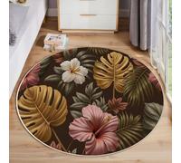 JEDTAKCT Tapis Vert Olive 120 Cm, Tapis À Poils Courts Lavable Rond Antidérapant Doux Confortable, Hibiscus De Bohême Plantes Tropicales Moquette pour Salon Chambre Cuisine Et Chambre d'enfant