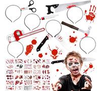 JEDWKFA 6 Pcs Serre Tete Halloween, 30 Tatouages Cicatrices, Serre Tete Couteau, Hache Halloween, Halloween Accessoire Horror, pour Femmes et Hommes, Carnaval, Cosplay, Mascarade