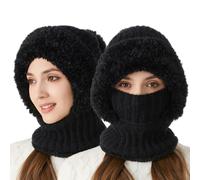 Jeeeun 3 in 1 Beanie Hat with Scarf and Mask, Cozy Fleece-Lined Knit Hat for Outdoor Cycling (B*Black)