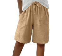 Jeeeun Bermuda Shorts for Women Knee Length, Summer High Waisted Bermuda Shorts Casual Cotton Linen with Pockets (Khaki,M)