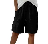 Jeeeun Bermuda Shorts for Women Knee Length, Summer High Waisted Bermuda Shorts Casual Cotton Linen with Pockets (Black,Grand)