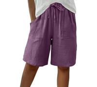 Jeeeun Bermuda Shorts for Women Knee Length, Summer High Waisted Bermuda Shorts Casual Cotton Linen with Pockets (Purple,S)