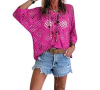 Jeeeun Bohemian Crochet Tops for Women, Loose Hollow Out Crewneck Pullover (Rose Red,Grand)