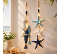 Jeeeun Lighted Coastal Wooden Starfish & Fish Hanging Decor, Nautical Wall Decor with Warm LED Lights, Beach House Decoration for Bathroom, Porch, Bedroom, Entryway and Coastal Home