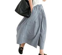 Jeeeun Wide Leg Capri Pants for Women, Retro Style Gingham Trousers Women Wide Leg Pants with Pockets (Navy,Grand)