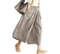 Jeeeun Wide Leg Capri Pants for Women, Retro Style Gingham Trousers Women Wide Leg Pants with Pockets (Brown,TTG)