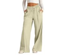 Jeeeun Wide Leg Linen Pants for Women, Casual Summer High Waisted Elastic Drawstring Baggy Lounge Trousers (Light Green,M)
