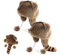 Jeeeun Winter Cute Raccoon Plush Hats - Faux Fur Raccoon Hat with Tail, Keep Ears Warm, Adjustable Fit for Adults & Kids (8 Years+ *2)