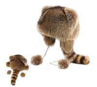 Jeeeun Winter Cute Raccoon Plush Hats - Faux Fur Raccoon Hat with Tail, Keep Ears Warm, Adjustable Fit for Adults & Kids (8 Years+)