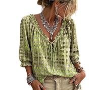 Jeeeun Women V Neck Polka Dot Lace Up 3/4 Sleeve Blouse Loose Flowy Casual Summer Work Vacation Top (Green,S)