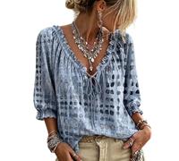Jeeeun Women V Neck Polka Dot Lace Up 3/4 Sleeve Blouse Loose Flowy Casual Summer Work Vacation Top (Blue,TG)