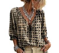 Jeeeun Women V Neck Polka Dot Lace Up 3/4 Sleeve Blouse Loose Flowy Casual Summer Work Vacation Top