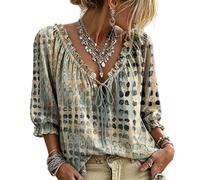 Jeeeun Women V Neck Polka Dot Lace Up 3/4 Sleeve Blouse Loose Flowy Casual Summer Work Vacation Top (Beige,M)