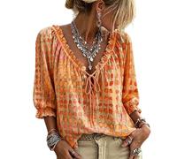 Jeeeun Women V Neck Polka Dot Lace Up 3/4 Sleeve Blouse Loose Flowy Casual Summer Work Vacation Top (Orange,S)