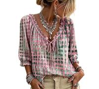 Jeeeun Women V Neck Polka Dot Lace Up 3/4 Sleeve Blouse Loose Flowy Casual Summer Work Vacation Top