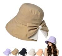 Jeeeun Women's Bowknot Wide Brim Sun Protective Hat, Foldable Summer Slit-Front Bow Hat for Travel & Vacation (Khaki)