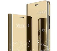 Jeelar Coque pour Xiaomi Redmi Note 12 Pro 5G,Étui Housse Transparente Antichoc Coque Flip Cover,Standing Placage Technologie Clear View Mirror Protection Case-Or