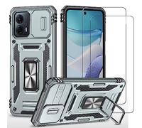 Jeelar ESONG Antichoc Coque Para Moto G53,TPU+PC Housse Protection de Qualité Militaire avec Lentille Coulissante Couverture/2* Verre Trempé,Compatible Support De Voiture Magnétique-Gris