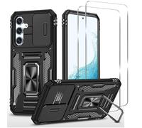 Jeelar ESONG Antichoc Coque Para Samsung Galaxy A15,TPU+PC Housse Protection de Qualité Militaire avec Lentille Coulissante Couverture/2* Verre Trempé,Compatible Support De Voiture Magnétique-Le Noir